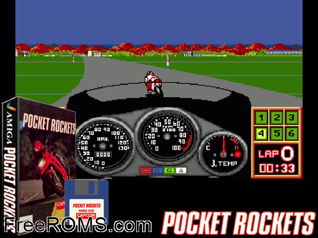 Pocket Rockets Amiga game showing 3D box cover and gameplay screenshot