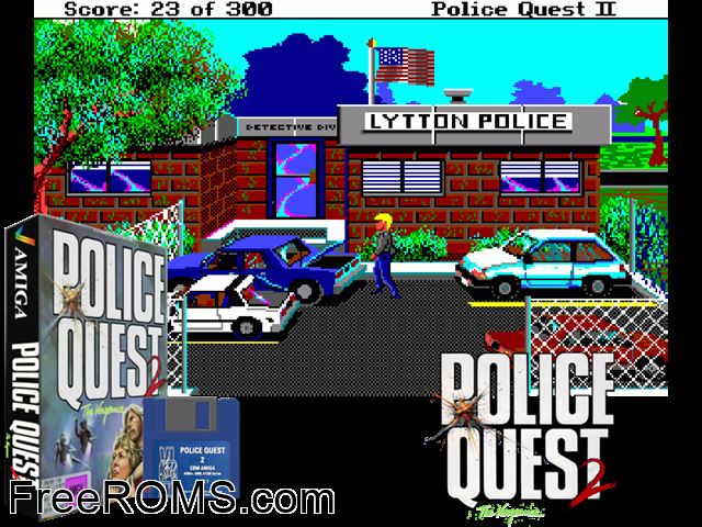 Police Quest 2 Amiga game showing 3D box cover and gameplay screenshot