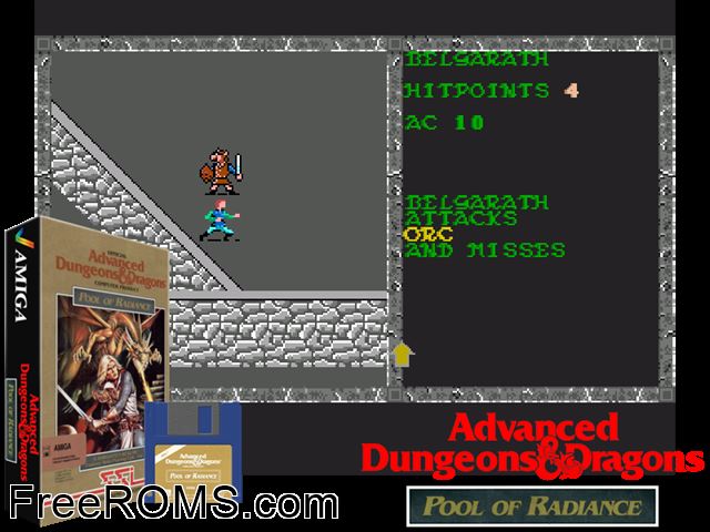 Pool Of Radiance Amiga game showing 3D box cover and gameplay screenshot