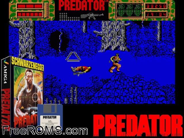 Predator Amiga game showing 3D box cover and gameplay screenshot