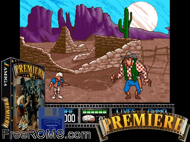 Premiere Amiga game showing 3D box cover and gameplay screenshot