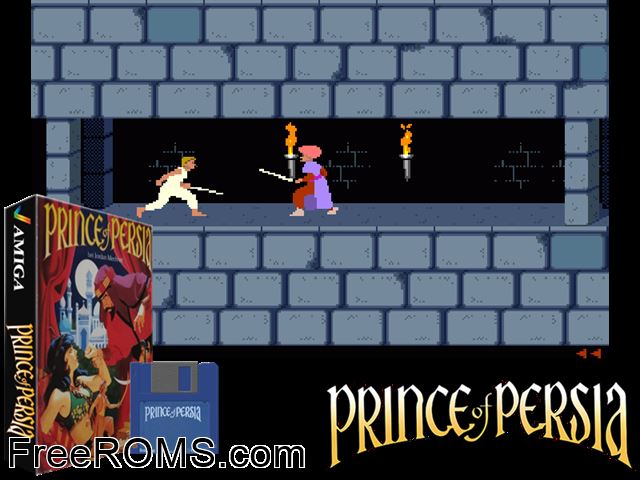 Prince of Persia Amiga game showing 3D box cover and gameplay screenshot