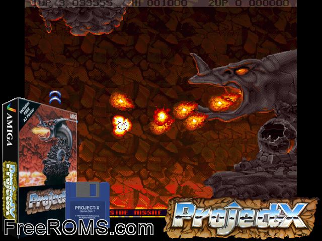 Project X Amiga game showing 3D box cover and gameplay screenshot