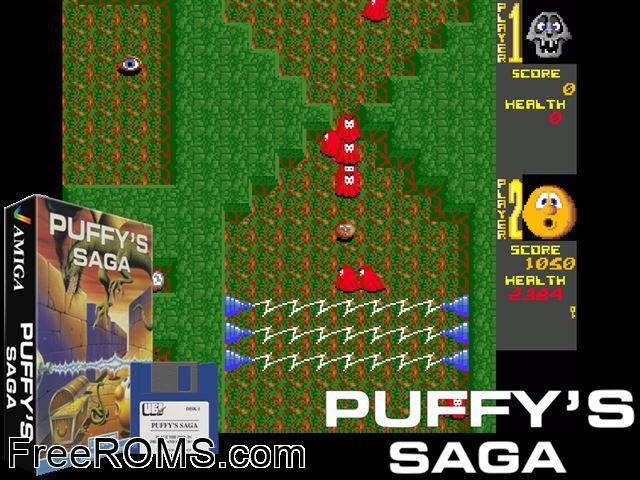 Puffys Saga Amiga game showing 3D box cover and gameplay screenshot