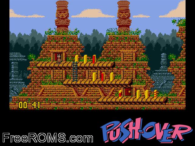 Push Over Amiga game showing 3D box cover and gameplay screenshot