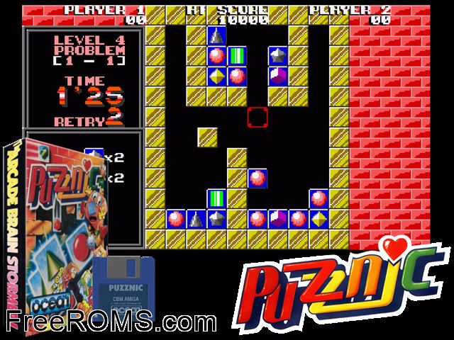 Puzznic Amiga game showing 3D box cover and gameplay screenshot