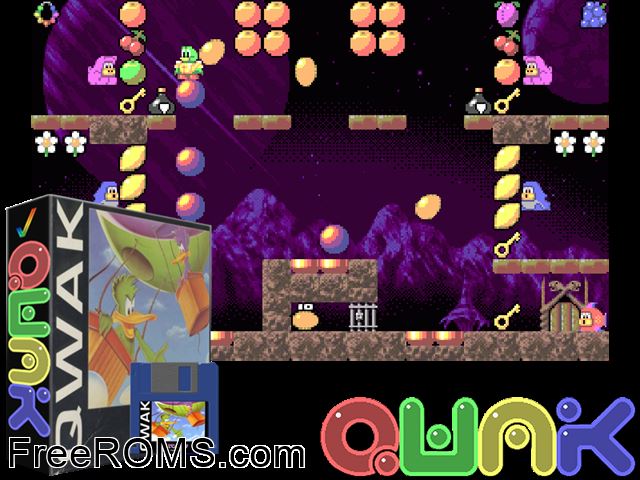 Qwak Amiga game showing 3D box cover and gameplay screenshot