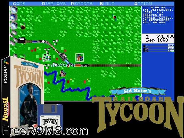 Rail Road Tycoon Amiga game showing 3D box cover and gameplay screenshot