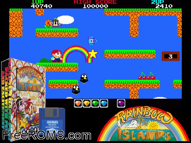 Rainbow Islands Amiga game showing 3D box cover and gameplay screenshot
