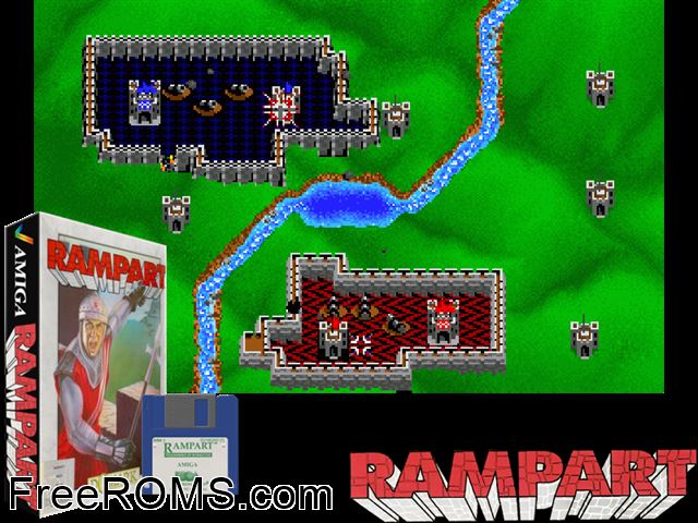 Rampart Amiga game showing 3D box cover and gameplay screenshot