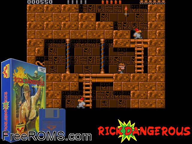 Rick Dangerous Amiga game showing 3D box cover and gameplay screenshot