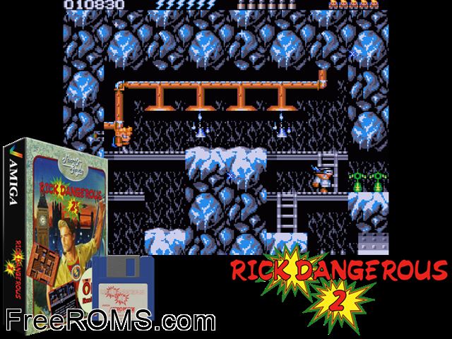 Rick Dangerous 2 Amiga game showing 3D box cover and gameplay screenshot