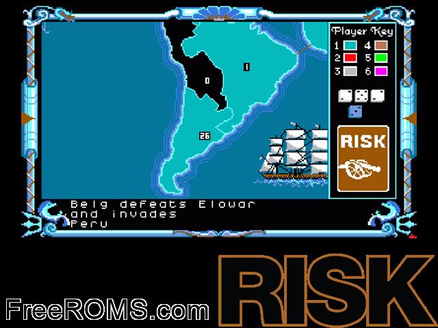 Risk Amiga game showing 3D box cover and gameplay screenshot