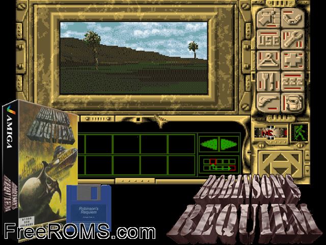 Robinsons Requiem Amiga game showing 3D box cover and gameplay screenshot