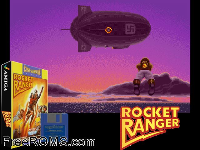 Rocket Ranger Amiga game showing 3D box cover and gameplay screenshot