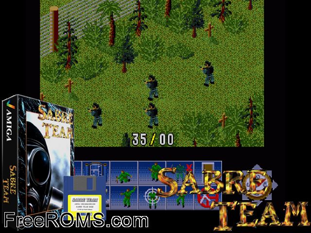 Sabre Team Amiga game showing 3D box cover and gameplay screenshot