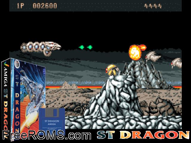 Saint Dragon Amiga game showing 3D box cover and gameplay screenshot