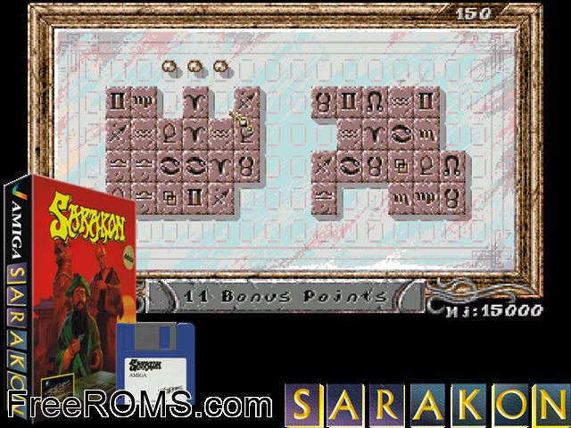 Sarakon Amiga game showing 3D box cover and gameplay screenshot