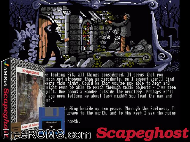 Scape Ghost Amiga game showing 3D box cover and gameplay screenshot