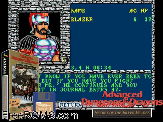 Secret of the Silver Blades Amiga game showing 3D box cover and gameplay screenshot