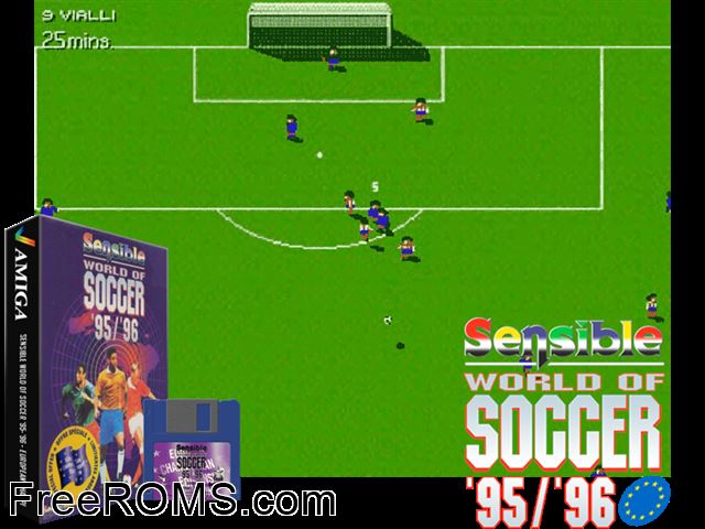 Sensible World of Soccer Amiga game showing 3D box cover and gameplay screenshot