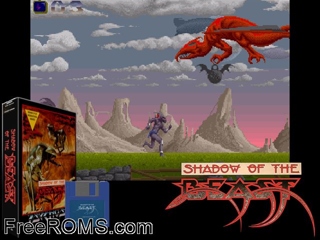 Shadow of the Beast Amiga game showing 3D box cover and gameplay screenshot