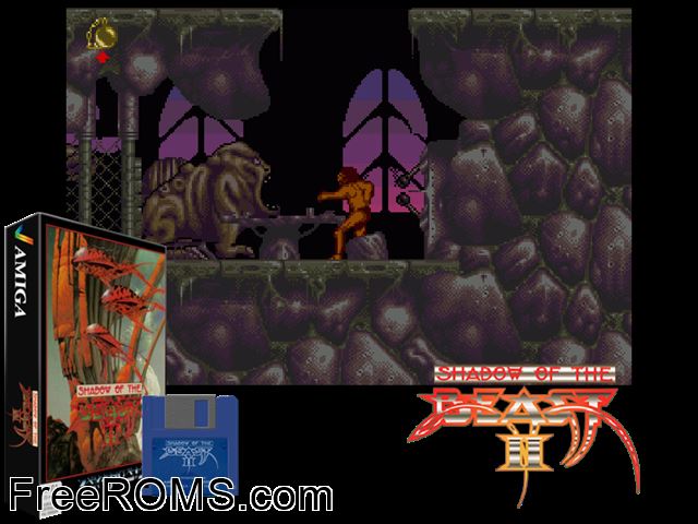 Shadow of the Beast 2 Amiga game showing 3D box cover and gameplay screenshot