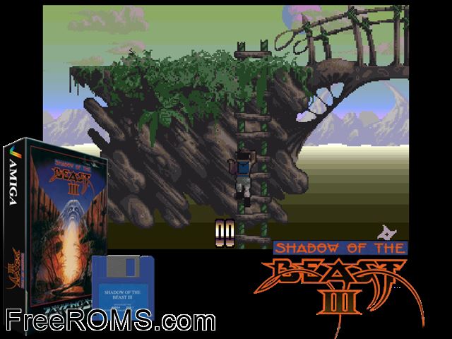 Shadow of the Beast 3 Amiga game showing 3D box cover and gameplay screenshot