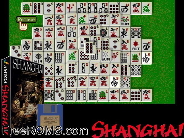 Shanghai Amiga game showing 3D box cover and gameplay screenshot