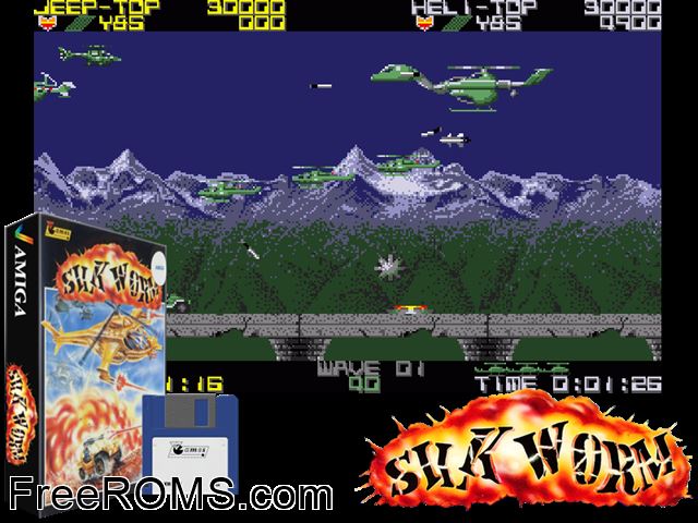 Silk Worm Amiga game showing 3D box cover and gameplay screenshot