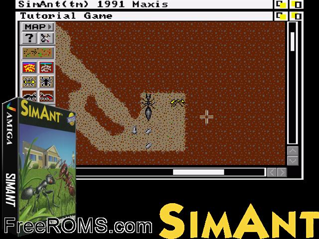 Sim Ant Amiga game showing 3D box cover and gameplay screenshot