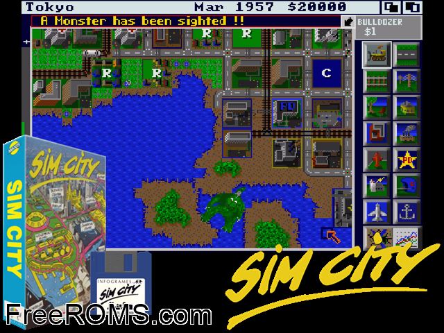 Sim City Amiga game showing 3D box cover and gameplay screenshot