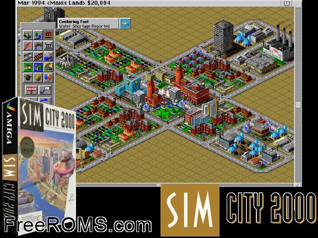 Sim City 2000 Amiga game showing 3D box cover and gameplay screenshot