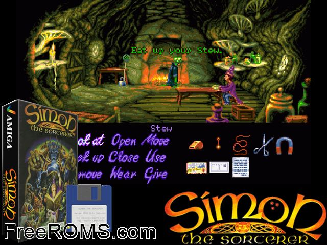 Simon Amiga game showing 3D box cover and gameplay screenshot