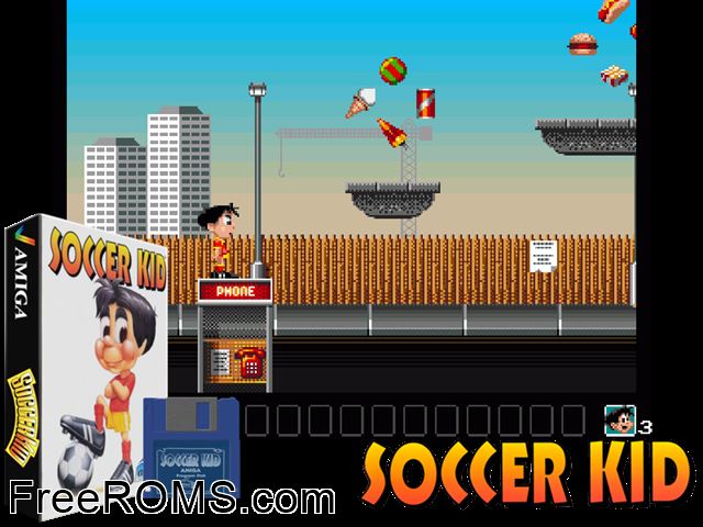 Soccer Kid Amiga game showing 3D box cover and gameplay screenshot