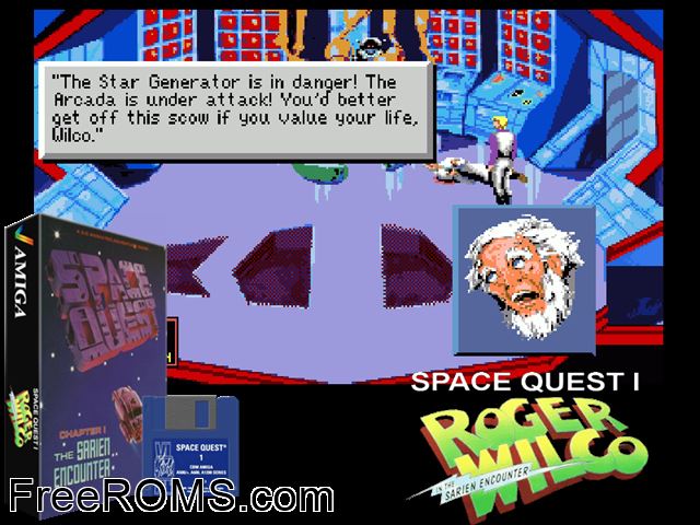 Space Quest 1 Amiga game showing 3D box cover and gameplay screenshot