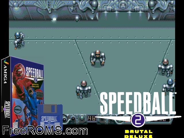 Speedball 2 Amiga game showing 3D box cover and gameplay screenshot