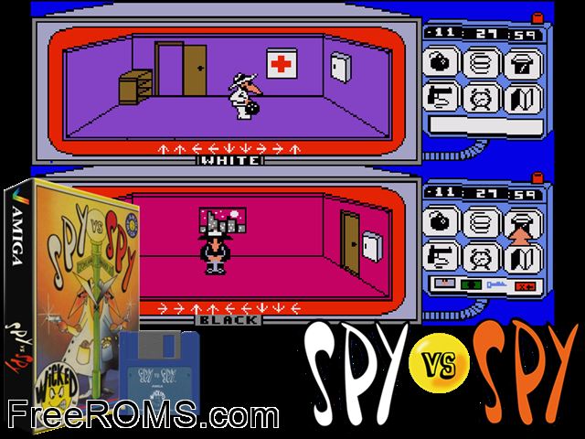 Spy vs Spy Amiga game showing 3D box cover and gameplay screenshot