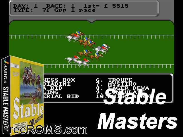 Stable Masters Amiga game showing 3D box cover and gameplay screenshot