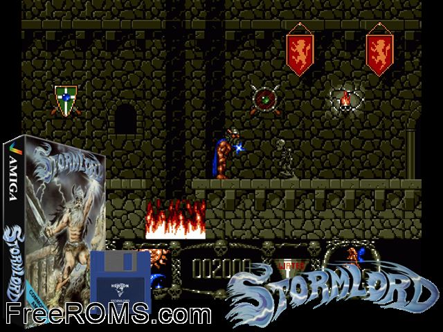 Storm Lord Amiga game showing 3D box cover and gameplay screenshot