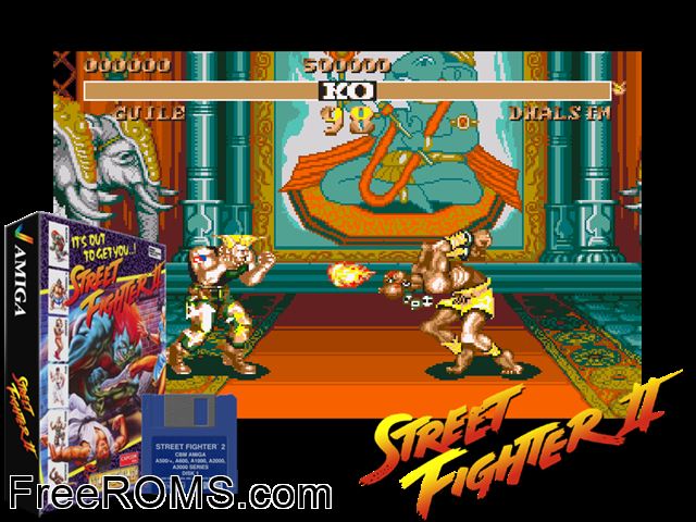 Street Fighter 2 Amiga game showing 3D box cover and gameplay screenshot