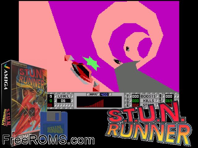 Stun Runner Amiga game showing 3D box cover and gameplay screenshot