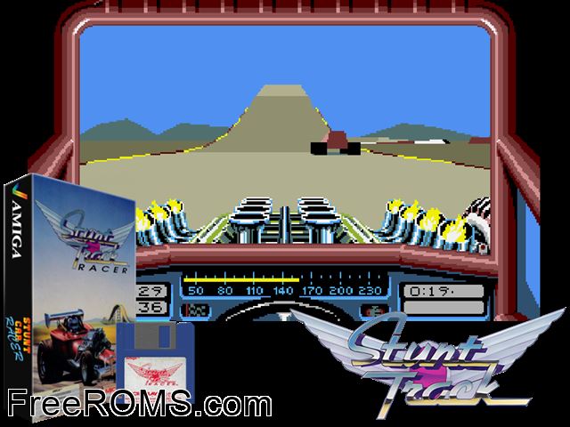 Stunt Car Racer Amiga game showing 3D box cover and gameplay screenshot