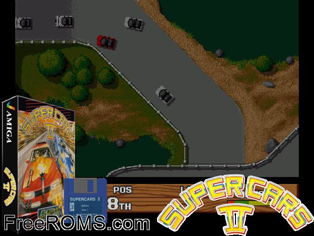 Super Cars 2 Amiga game showing 3D box cover and gameplay screenshot