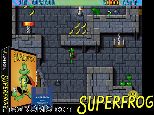 Super Frog Amiga game showing 3D box cover and gameplay screenshot