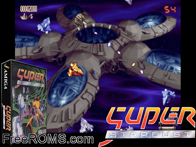 Super Stardust aga Amiga game showing 3D box cover and gameplay screenshot
