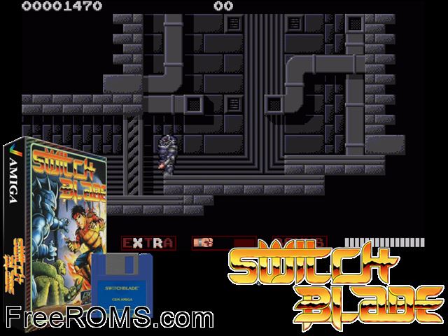 Switch Blade Amiga game showing 3D box cover and gameplay screenshot