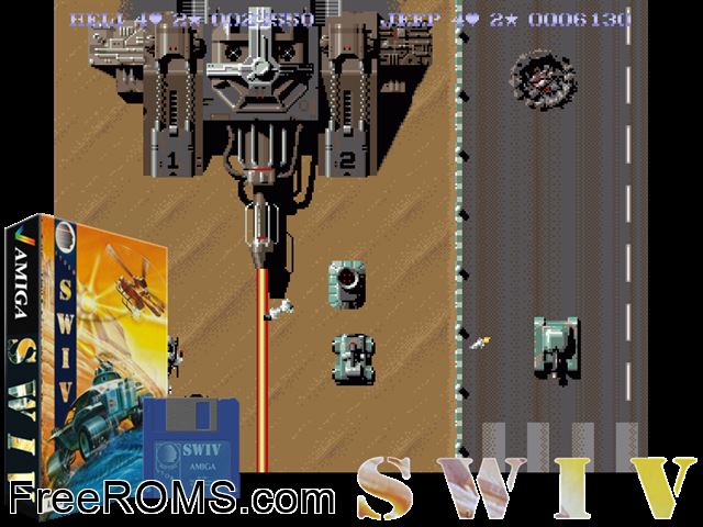 Swiv Amiga game showing 3D box cover and gameplay screenshot