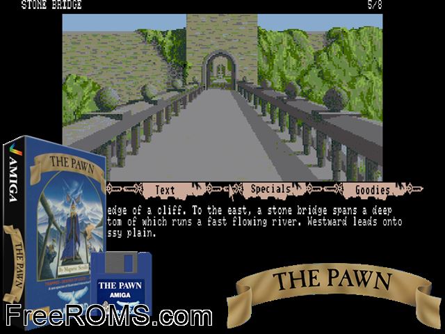 The Pawn Amiga game showing 3D box cover and gameplay screenshot