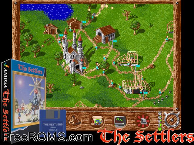 The Settlers Amiga game showing 3D box cover and gameplay screenshot